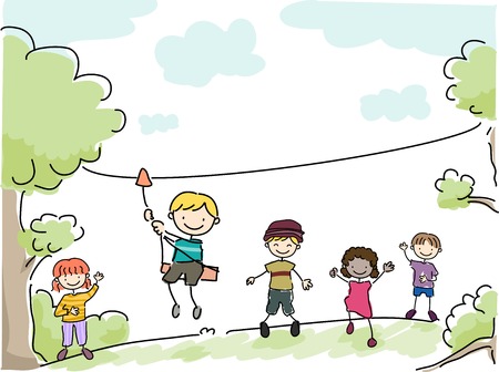 31863156-stock-vector-illustration-featuring-kids-riding-an-improvised-zipline